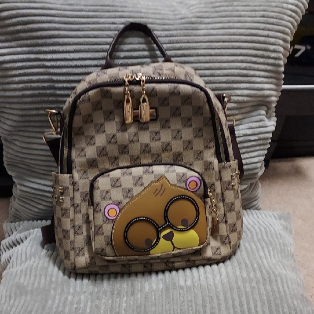 Boutique NWOT Checkered Backpack with Bear Design
